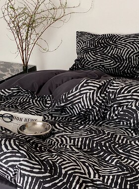 黑色简约~日系A类水洗棉四件套全棉纯棉几何提Q花被套床单床笠床