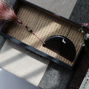 猫儿 古风生日及笄礼物镶纯银天然黑檀木梳子便携防U静电 定制刻