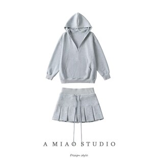 秋季新款时尚套装连帽宽松深V领卫衣运动风辣妹百褶半身裙两件套