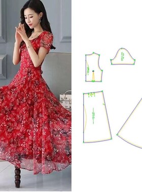 三轻奢新款纸样碎花大摆裙392显瘦B连衣裙DIY1:1女装版服装剪图纸