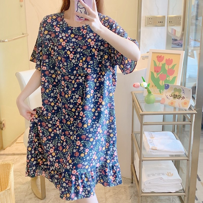 防凸点棉绸睡裙女夏短袖绵绸妈妈睡衣H人造棉连衣裙孕妇睡衣裙大