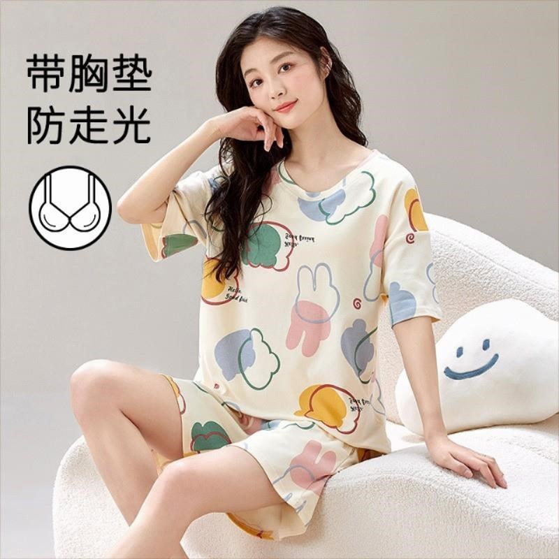 夏季睡衣b女带胸垫短袖短裤家居服套装学生卡通凉爽免穿内衣可外图片