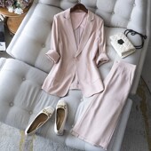 醋酸西装 微喇裤 半身裙套装 垂顺抗皱粉色干练七分袖 24年春夏新款