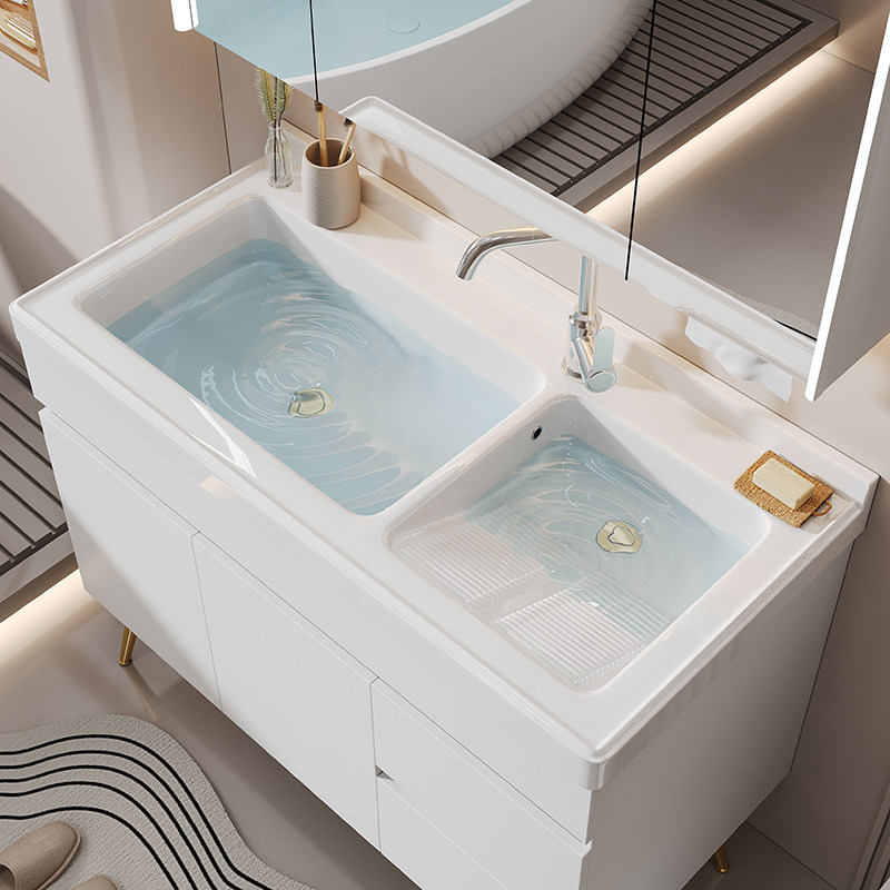 带搓衣板双盆浴室柜陶瓷一体盆卫生间洗手盆柜组合阳台洗衣柜落地,家装主材,浴室柜组合,淘宝优惠券,粉丝福利购,淘宝优惠卷