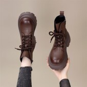 棕色马丁靴女2024新款 秋冬加绒B时尚 英伦风小个子厚底增高真皮短