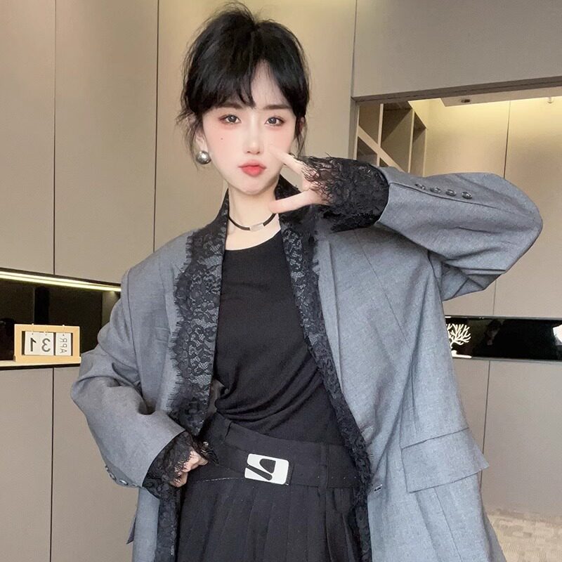 西服女2025春季新款女装拼接蕾丝钩花镂空中长款外套宽松长袖上衣