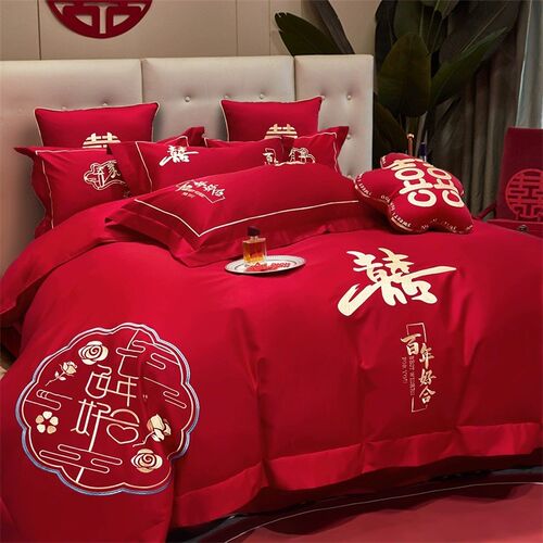 高档中式婚庆四件套大红色床单被套纯棉喜被结P婚床上用品婚房陪