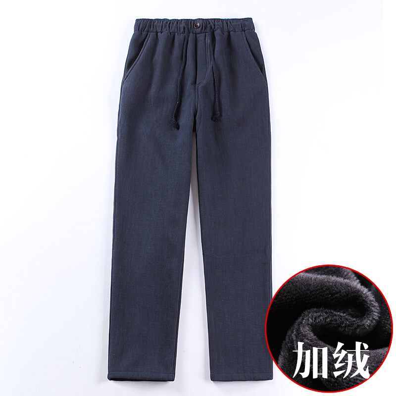 中国风加大码棉麻长裤冬季亚麻裤子男士加绒加厚直筒宽松休闲裤男