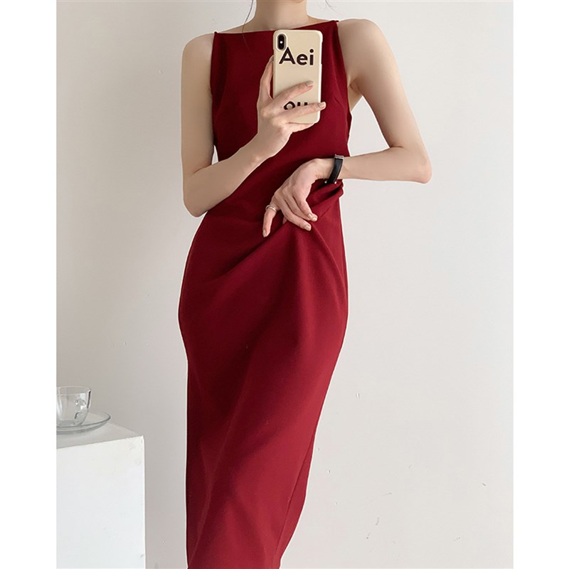 法式吊带中长洋装秋新娘订婚红裙敬酒服回门礼晨袍晚礼服小个子图片