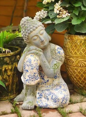 户外庭院中式禅意佛像摆件复古仿青花睡佛小院布置造景玄关摆设