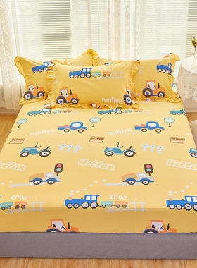 速发纯棉床笠单件床垫套儿童v男孩男童小汽车工程车席梦思黄色防