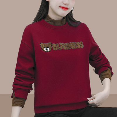 2024春秋冬季新款女士卫衣加绒加厚假两件无帽爆款时尚洋气小个子