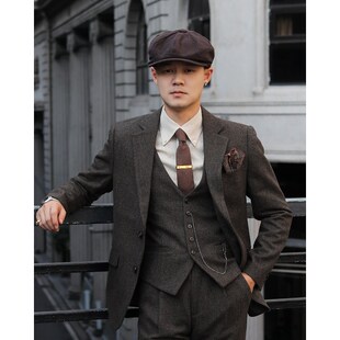 英伦复古浴血黑帮风修身结婚新郎小格子羊毛粗花呢西装三件套装