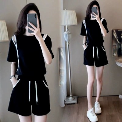 休闲运动服套装女2025夏季新款露肩短袖小个子爆款高腰短裤两件套