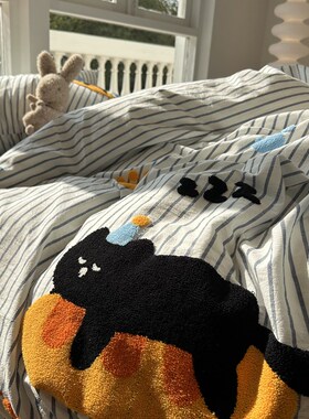 卡通可爱水洗棉毛巾绣趴趴猫四件套1.5Hm1.8米少女床单被套三件套