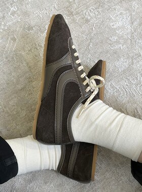 CHU楚妞[拼色]牛反绒t牛皮休闲鞋额春季新款女复古平底德训鞋