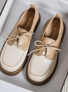 大码女鞋41一43厚底英伦风v小皮鞋白色复工学院风系带2023春款单