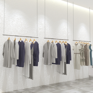 服装店不锈钢挂衣杆悬挂吊顶货架银色上墙男女童V装钢丝绳展示架