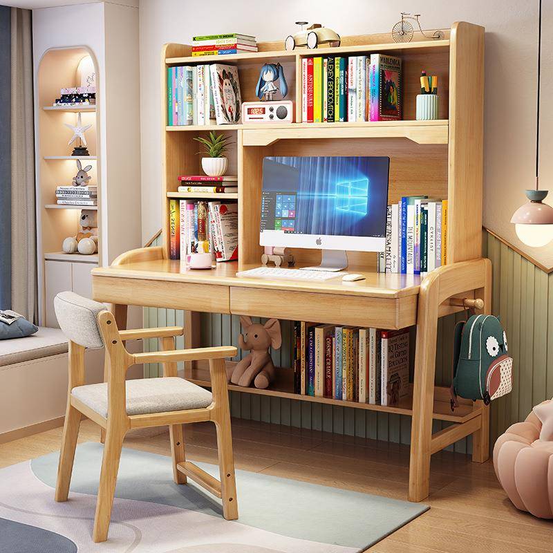 实木书桌一体带书架的写字桌简约中小学生家用儿童升降学习桌男孩