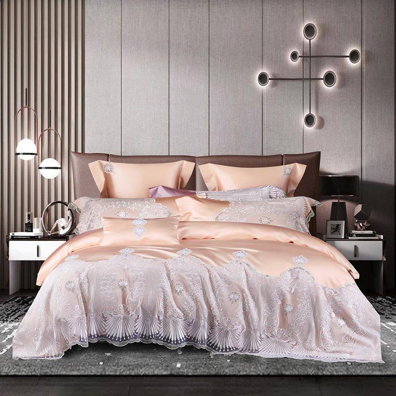 美式床上用品四件套轻奢140支裸睡蕾丝花边贡缎被套玉色