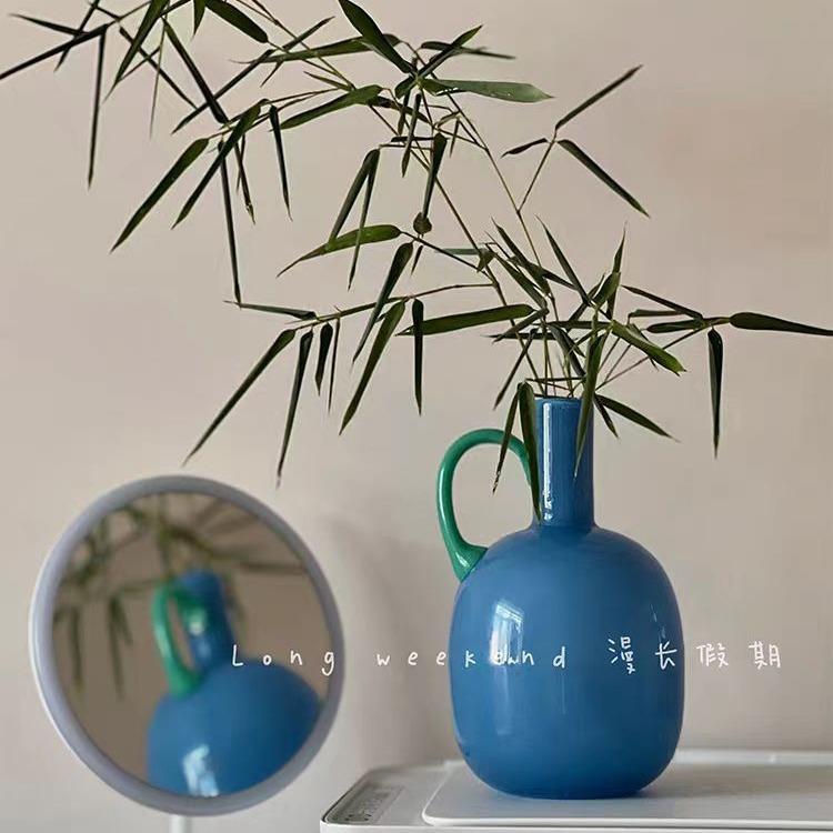 法式中古玻璃花瓶简约高级餐桌边柜摆件干花仿真花花器