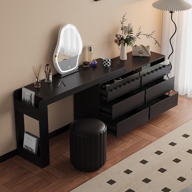 实木斗柜二合一梳妆台现代轻奢卧室可伸缩黑色化妆桌转角收纳柜子