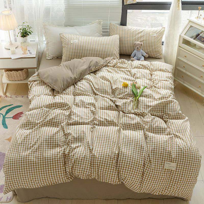 日式格子水洗棉四件套纯色磨毛棉床单床笠被套三件套水洗棉被套宿