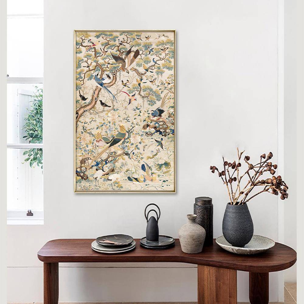 新中式东方花鸟刺绣风装饰画客厅走廊法式竖版挂画玄关书房壁挂