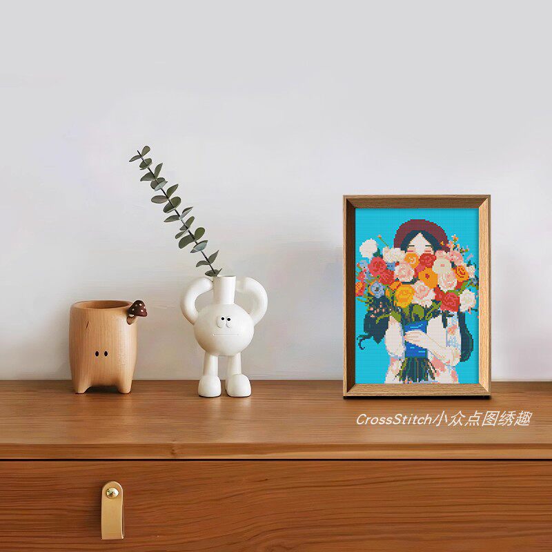 捧花少女十字绣小尺寸摆件卡通人物刺绣高级手工diy材料包简单绣