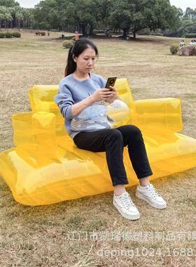 跨境现货明PVC发双人充气沙透黄色户外家休用闲创意空气懒人0003沙发