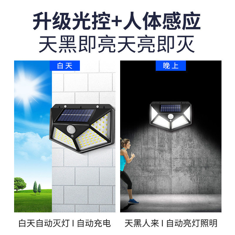 领派100LED太阳能壁灯庭院四面发光太阳能灯人体感应防水楼梯灯