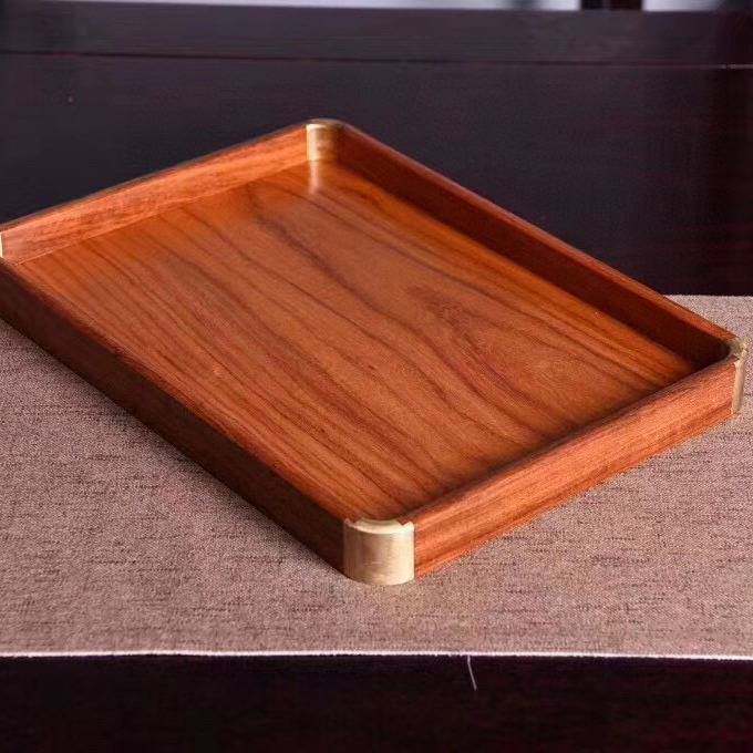 缅甸花梨木茶盘镶铜角小型壶托家用实木质文盘长方形收纳都承茶具