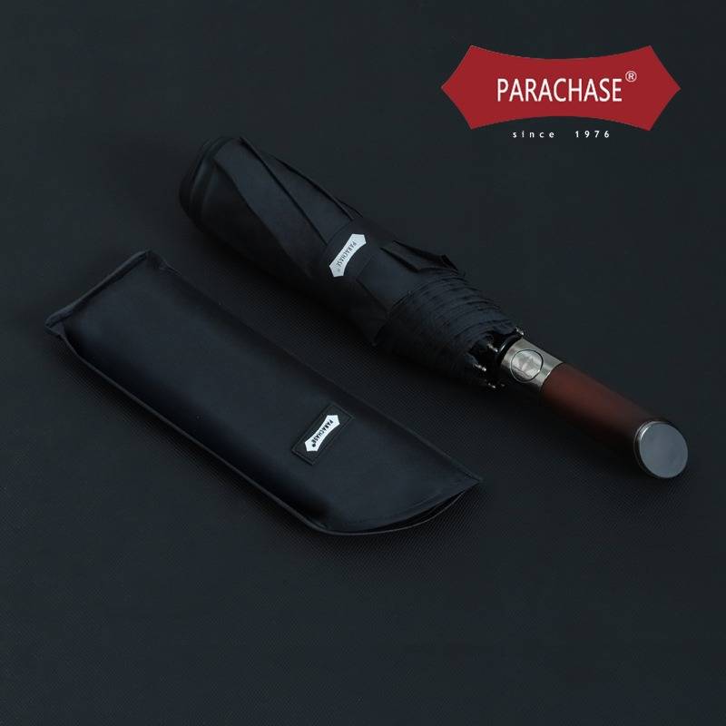 PARACHASE三折8骨复古实木手柄大伞面121CM抗风升级结实耐用雨伞