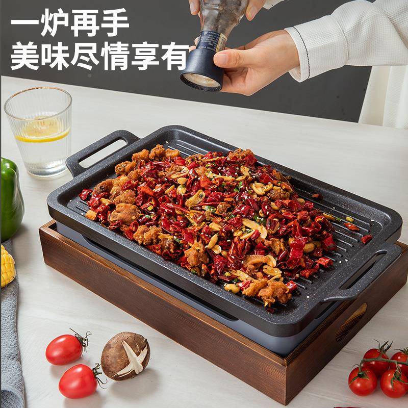铝制66160日式烧烤木座商用长方木形炭酒肉精炉麦盘饭石不沾羊排