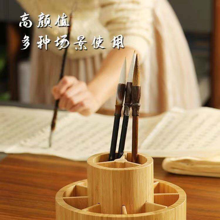 楠竹可旋转笔筒学生文具整理双层多格收纳办公桌面多功能收纳盒子