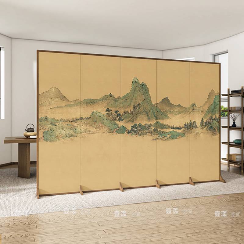 新中式现代简约古典山水屏风折叠移动办公室实木隔断屏风客厅玄关