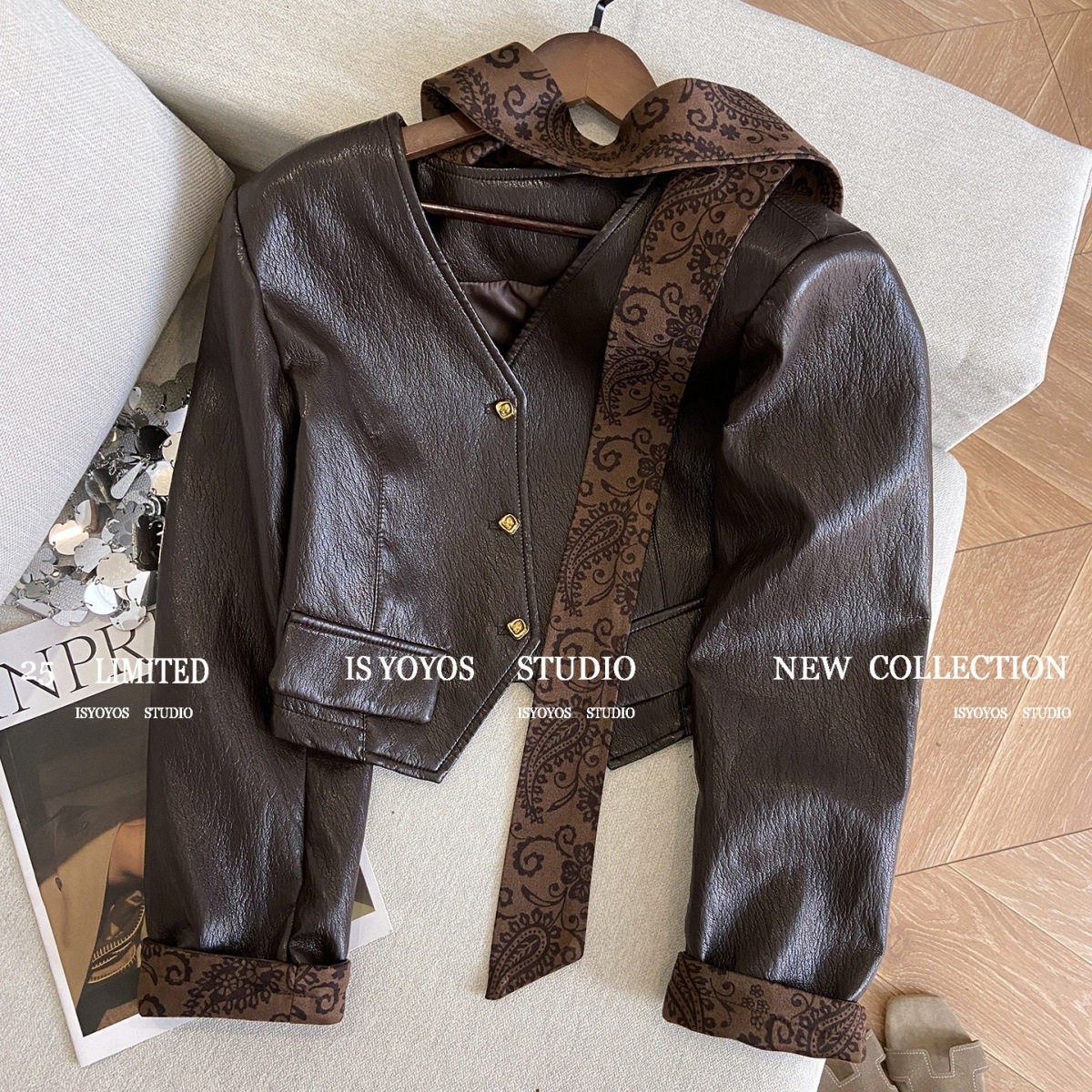小个子飘带V领PU皮西装外套女棒球服
