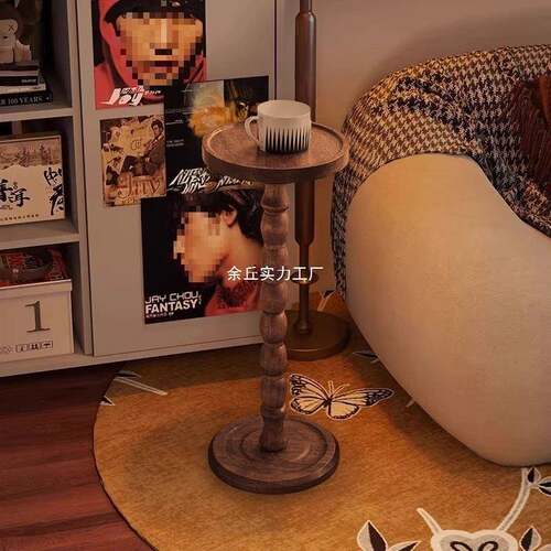 实木边几小圆桌复古轻奢迷你沙发茶几桌子极窄角几中古美式置物架