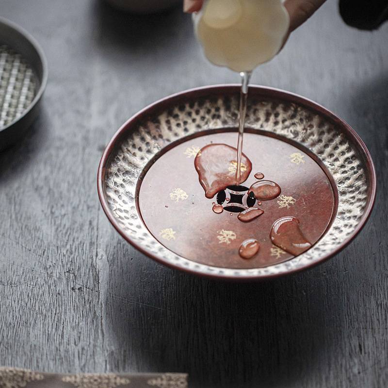 立木堂 紫铜烧色福禄铜钱壶承 文人器仿宋做旧干泡台蓄水茶盘配件