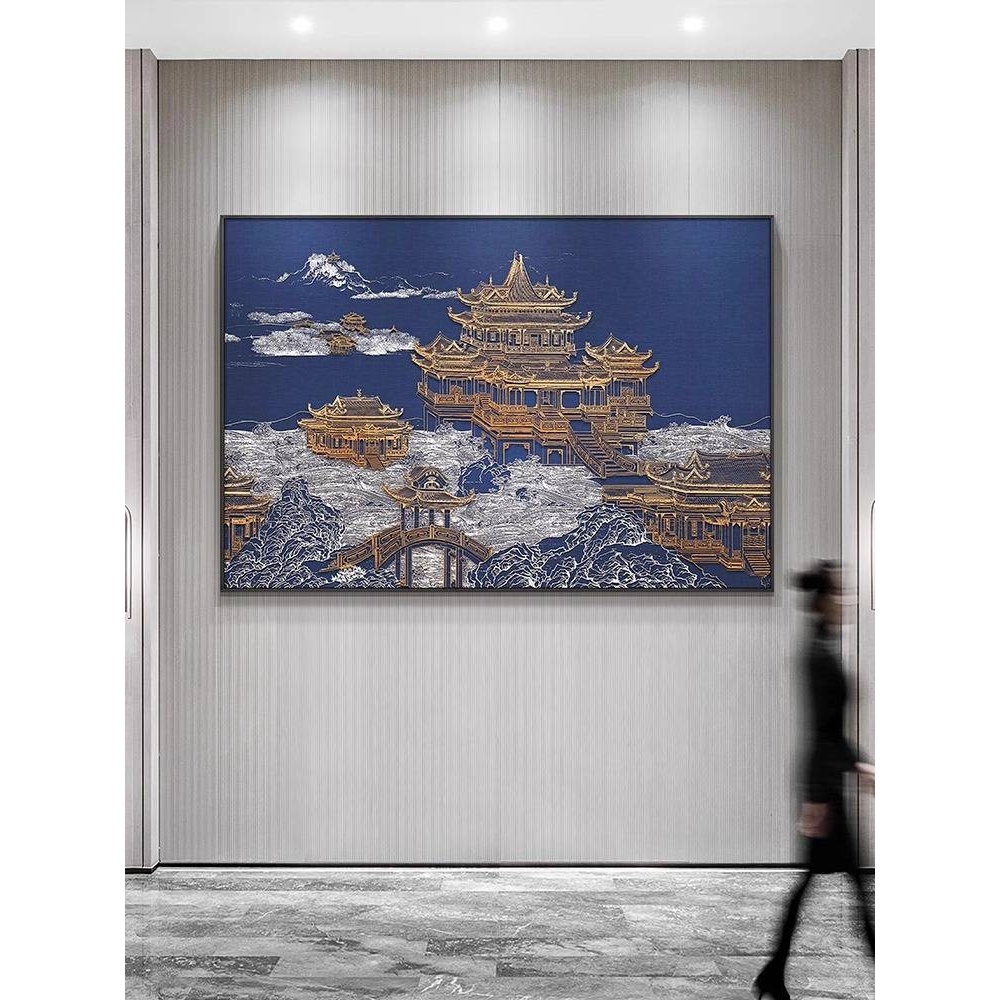酒店餐厅高档立体挂画包间壁画客厅新中式立体浮雕阁楼大气装饰画图片