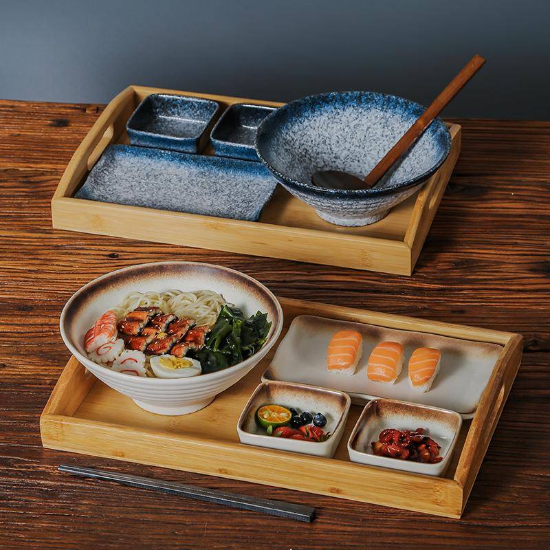 日式餐具拉面碗一人食套装含托盘餐垫瓷材质多色可选