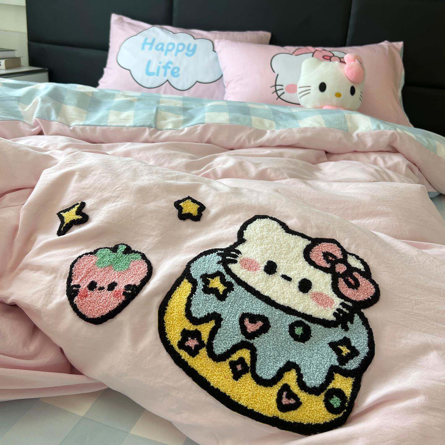 卡通水洗棉床上四件套否全棉纯棉毛巾绣被套床单人学生宿舍三件套