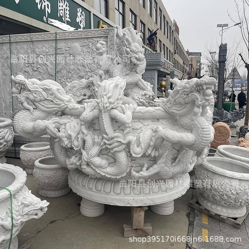 汉白玉龙缸雕龙圆缸石雕九龙壁水缸养花养鱼水池别墅门海造景水盆
