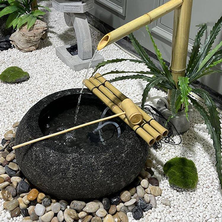 日式庭院流水石钵槽枯山水景观惊鹿竹子滴水花园阳台水钵造景摆件
