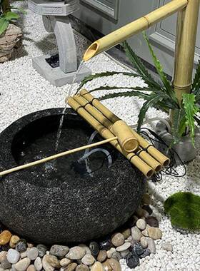 日式庭院流水石钵槽枯山水景观惊鹿竹子滴水花园阳台水钵造景摆件