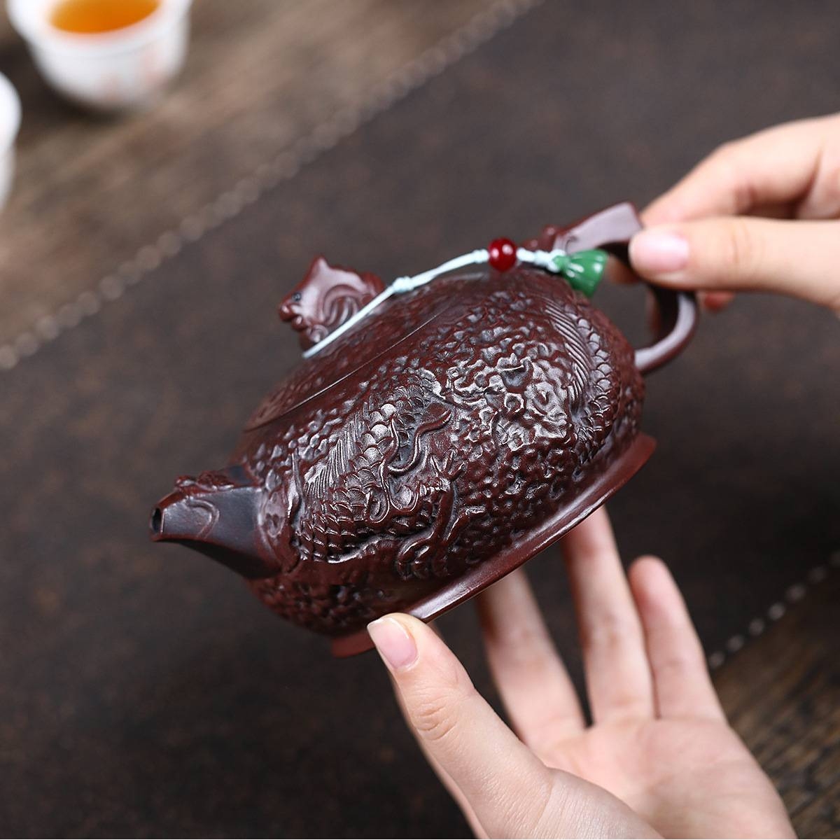 密文代发宜兴紫砂壶手工制作原矿古铜泥锤纹盘龙茶壶泡茶具出水快