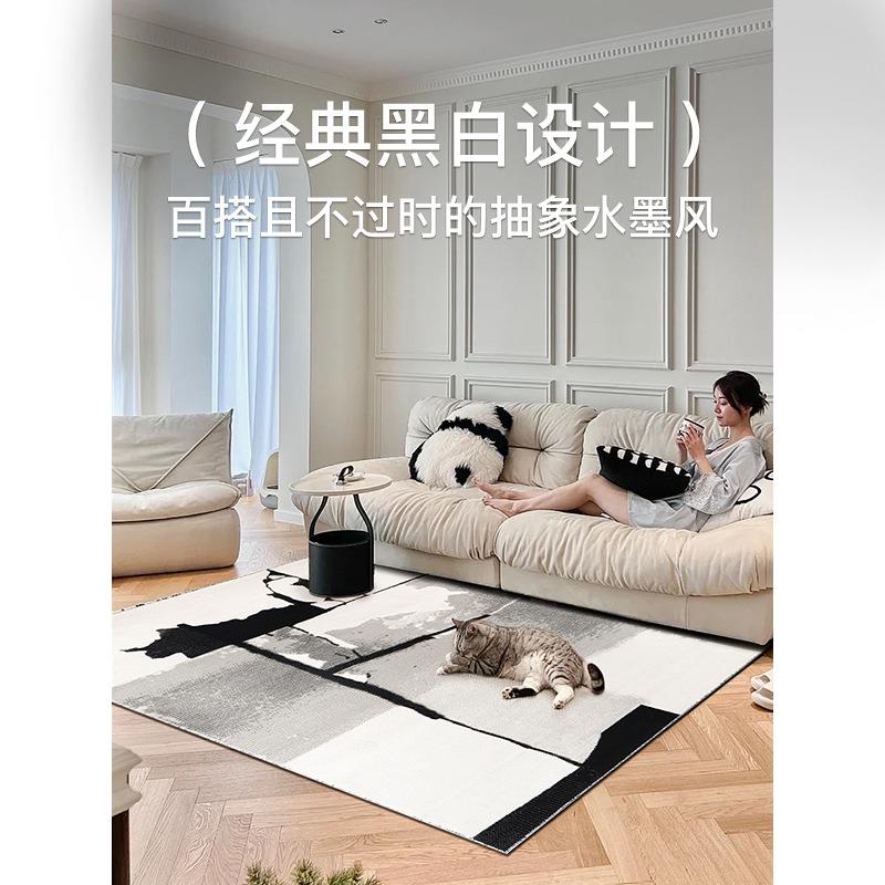 客厅地毯卧室法式轻奢复古棋盘沙发茶几方形地垫加厚黑白客厅地毯