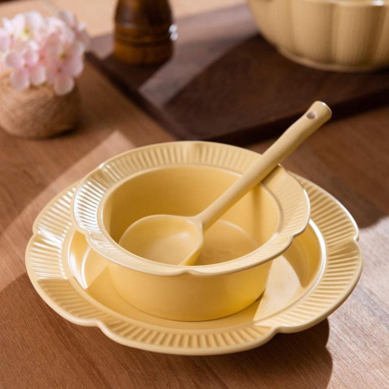 陶瓷家用汤碗沙拉碗烤碗双耳大号一人食套装竹节勺汤碗汤盘双耳碗