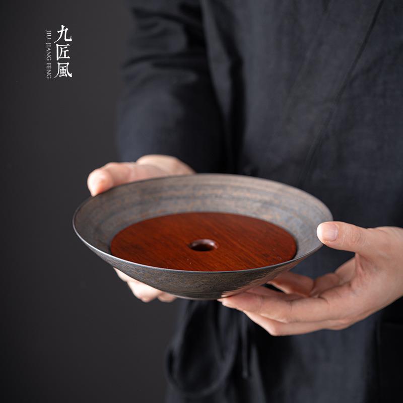 日式仿古壶承木盖双层粗陶铁釉干泡盘陶瓷茶道配件日式复古