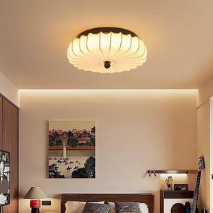 中古实木全光谱护眼圆形主卧吊灯卧室吸顶灯吊灯房间灯法式 复古布